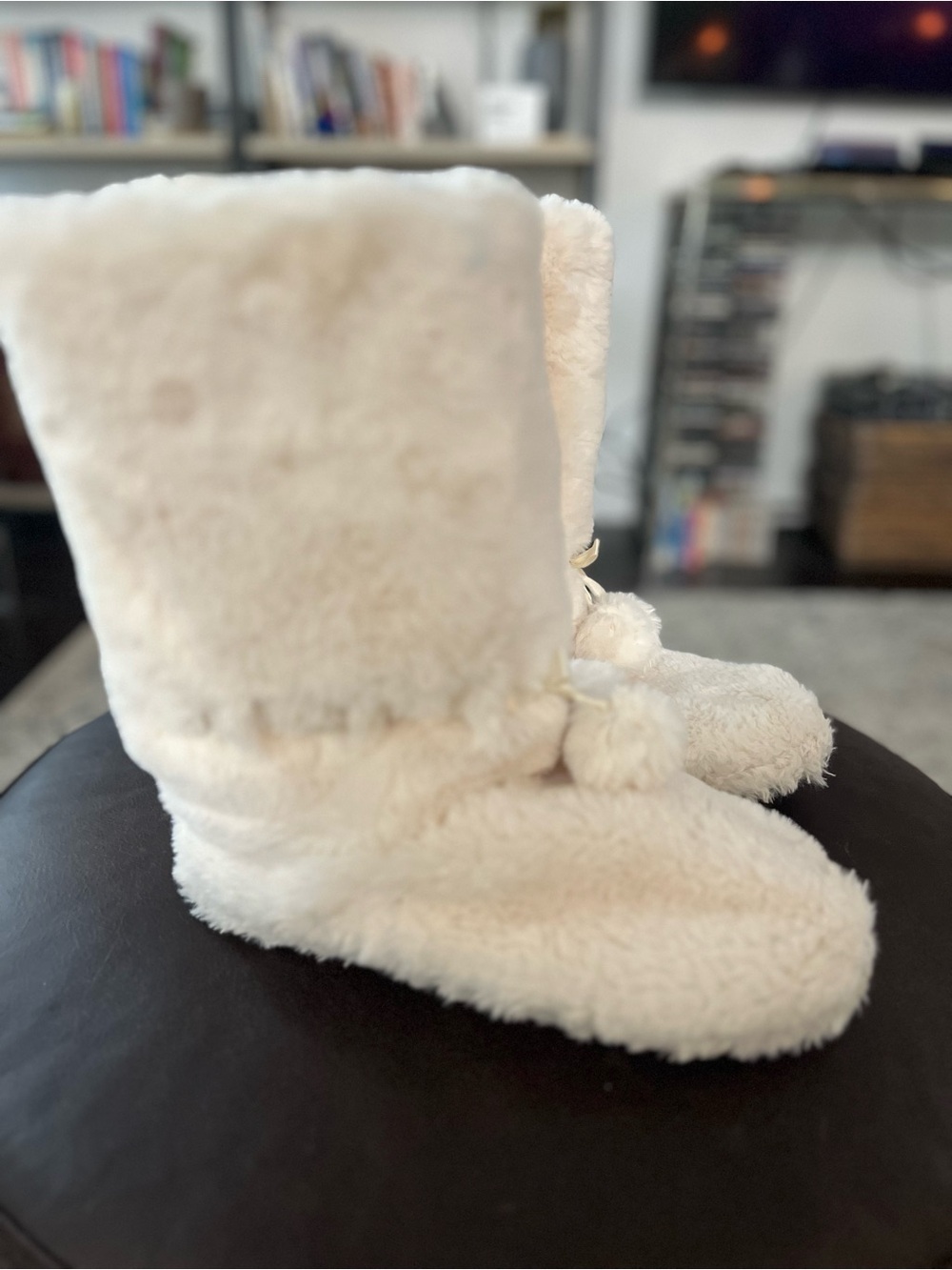 Pajamagram Women’s Cream Pom Pom Bootie Slippers - Size M